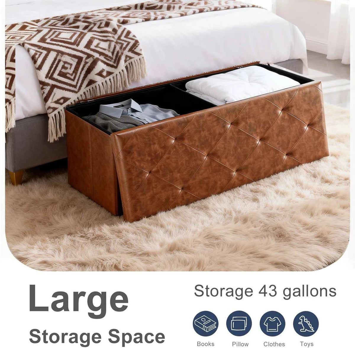 Tufted Faux Leather Storage Bench Folding Footrest Ottoman with 400lbs Weight Capacity,