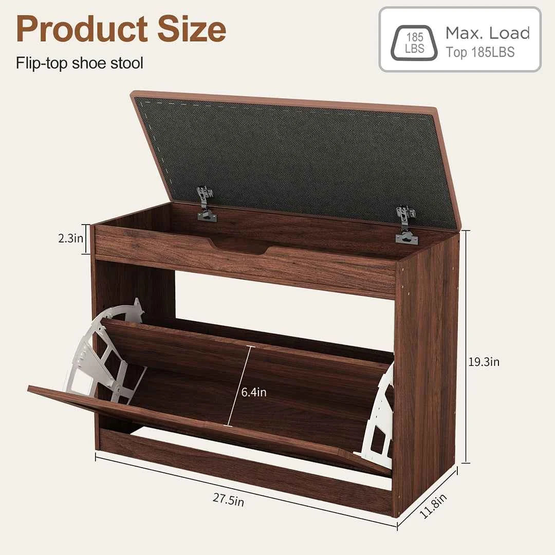 27.5" Storage Bench with Flip Drawers and Adjustable Shelf, Flip-up Cabinet & Padded Cushion - Space-Saving Shoe Cabinet, Organizer for Entryway, Hallway, Bedroom