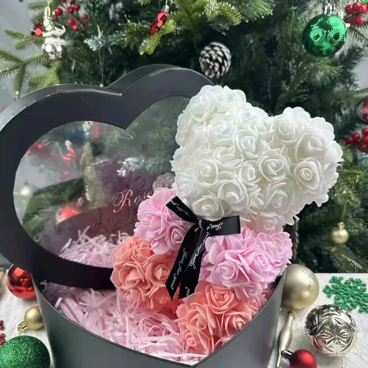 25cm Artificial Teddy Rose Flower Bear with Box. Romantic Valentines Day Gift, Girlfriend,  Anniversary, Wedding Party, Supplies