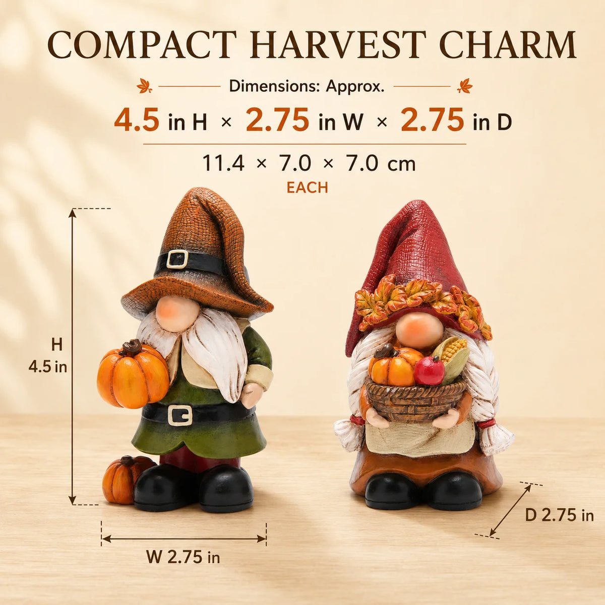 Hodao Resin Fall Gnome Figurine Set, 2-Piece Thanksgiving Gnome Figure Model with Pumpkin, Harvest Basket, Autumn Leaves and White Beard, Collectible Tabletop, Shelf Sitter Decor for Fireplace Mantel, Tiered Tray Home Display