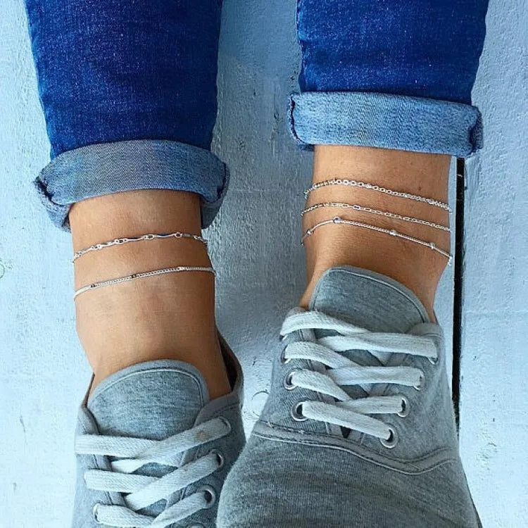 5 Pcs /set Silver plated Stainless Steel Anklet for women, men. Summer Beach Bracelet Accessories.