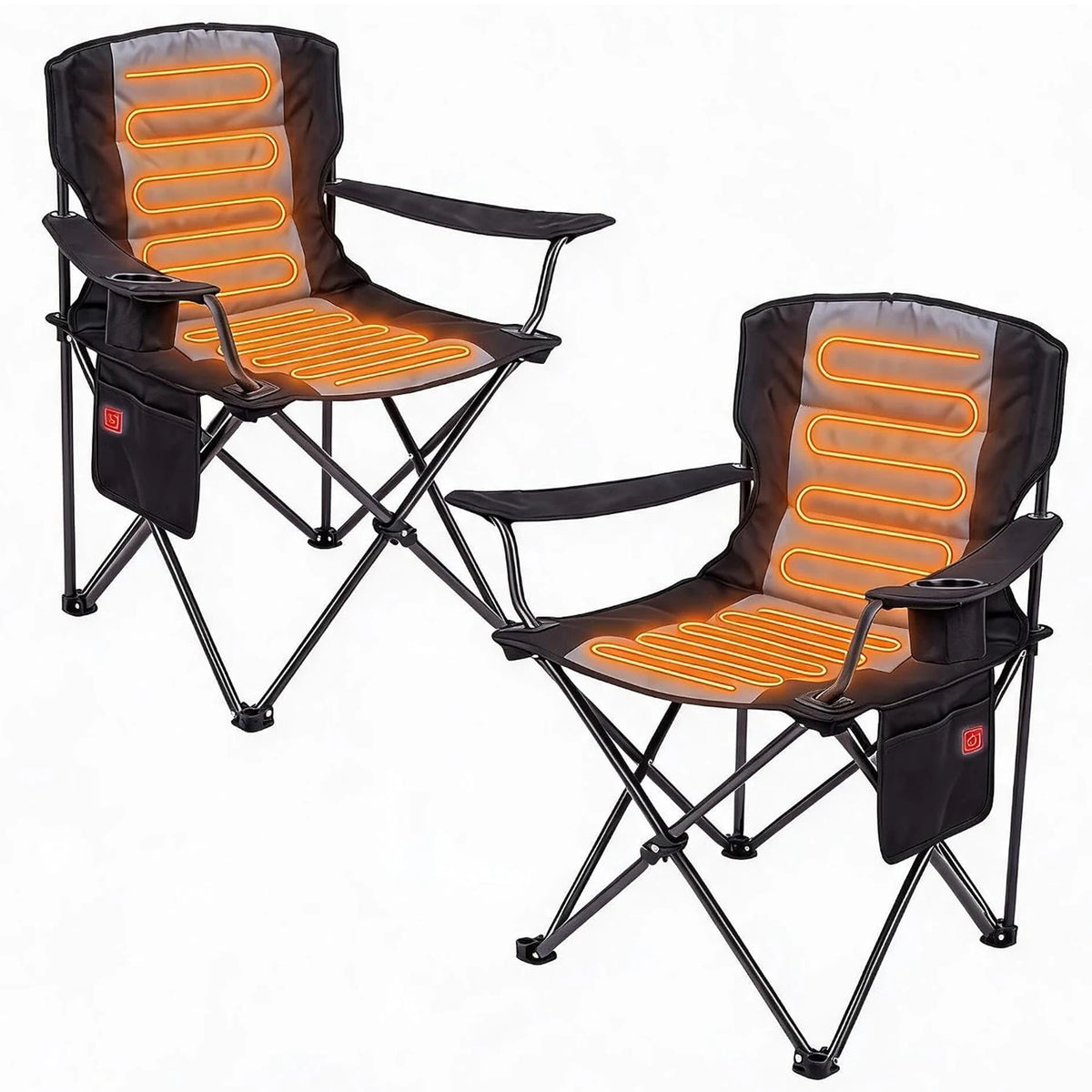 Heated Camping Chair For Adults, Dual-Zone Seat & Back, 3 Heat Levels, Folding Chair With Cup Holder & Storage Pockets, USB Powered