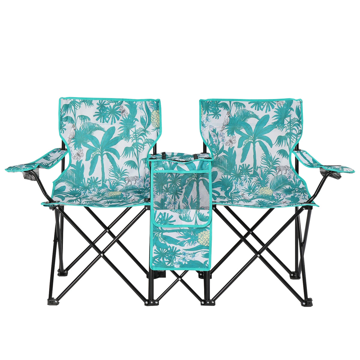 Portable Outdoor 2-Seat Folding Chair with Removable Sun Umbrella, Pineapple
