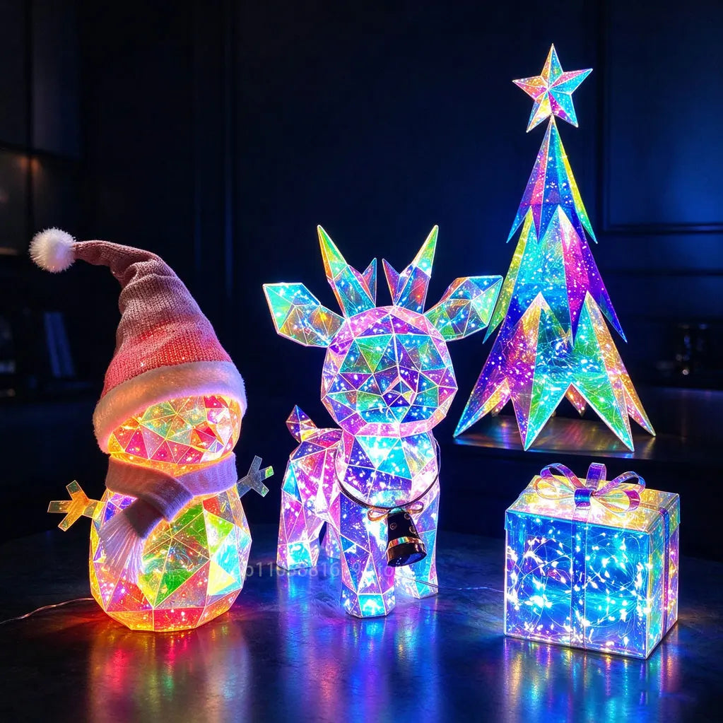 Christmas Colorful Snowman and Reindeer. LED Glowing Santa Claus, Elf, and Gnome Figurines. Christmas Decorations