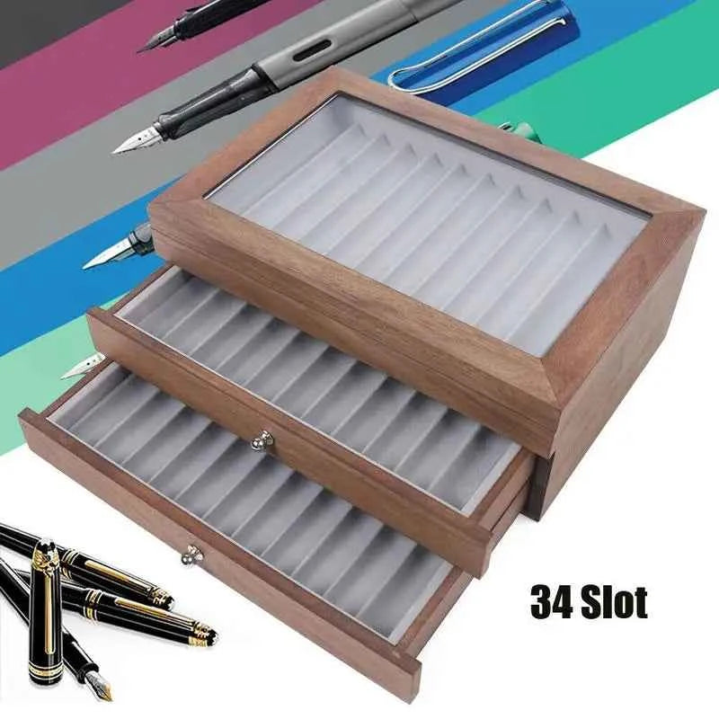 Pen Storage Case 34 Slots Walnut Wood Cabinet With Drawer Student Stationery Pen Display Show  Gift Case