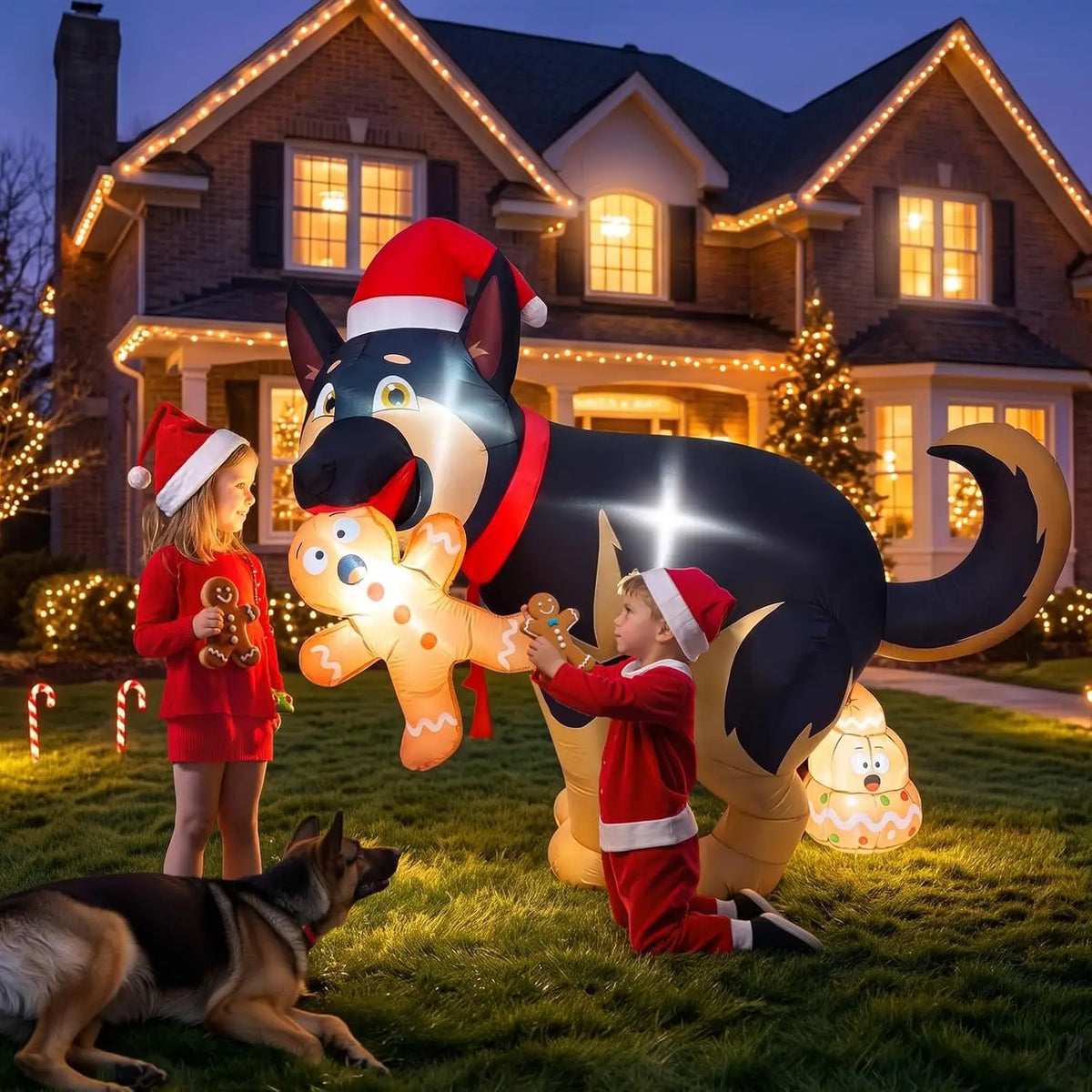 5FT Funny Christmas Inflatable Outdoor Decor, Pooping Dog Blow Up Holding Gingerbread Man with LED Lights, Holiday.