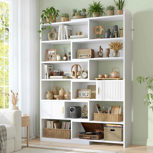 75.1" Corner Bookshelf with 7 Tiers, 2 Storage Cabinets, Color is White. Wood and  Holds 100 Lbs/Shelf, Magnetic & Fluted Doors.