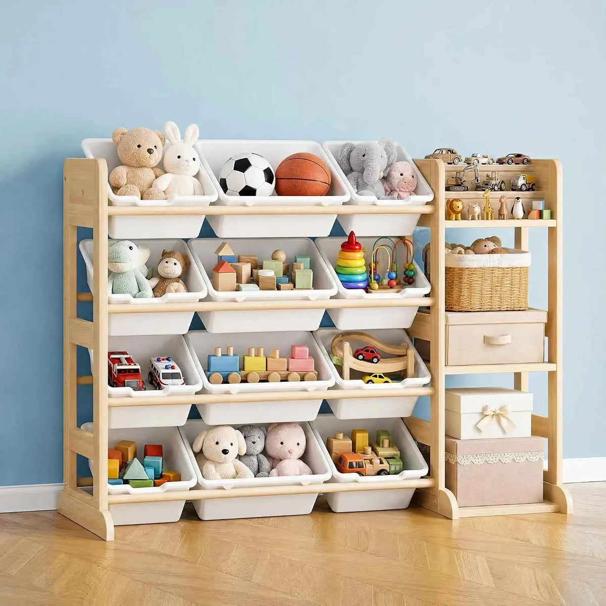 Tacleekii 42" 52" Wide Kids Toy Storage Organizer with 12 Bins & 3 Open Shelves. Solid Wood Storage Unit