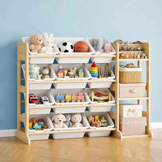 Tacleekii 42" 52" Wide Kids Toy Storage Organizer with 12 Bins & 3 Open Shelves. Solid Wood Storage Unit