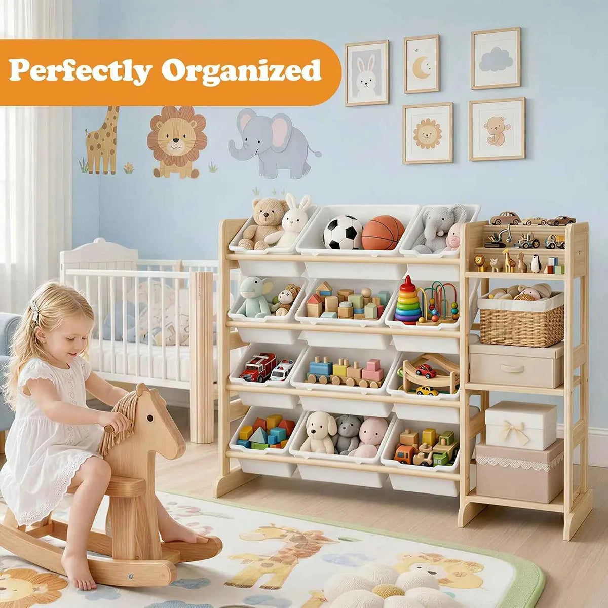 Tacleekii 42" 52" Wide Kids Toy Storage Organizer with 12 Bins & 3 Open Shelves. Solid Wood Storage Unit