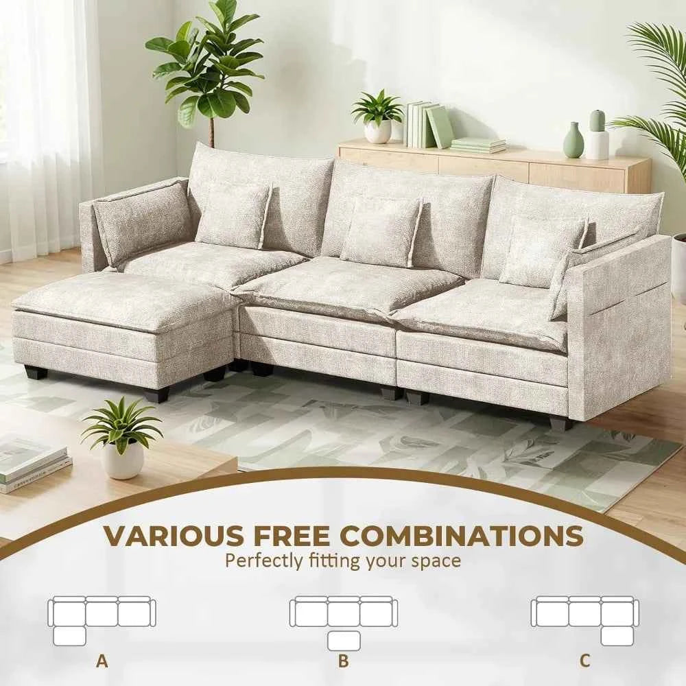 112.5" L-Shape Modular Sofa with Ottoman, Deep Seat Sleeper, 3 Throw & 2 Arm Pillows, Upholstered Furniture , Custom