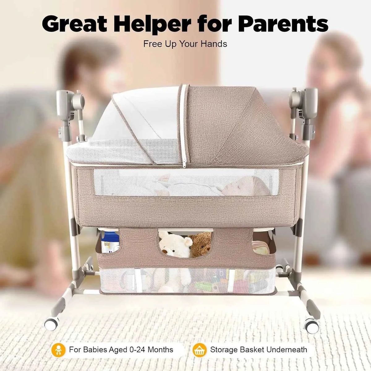 Smart Electric Baby Bassinet,  Bedside Sleeper with Music Play, Automatic Cradle with 3 Speed Timing and 5 Speed Wobbling, Portable Baby Bed Height Adjustable Crib, with Nets + Mattresses