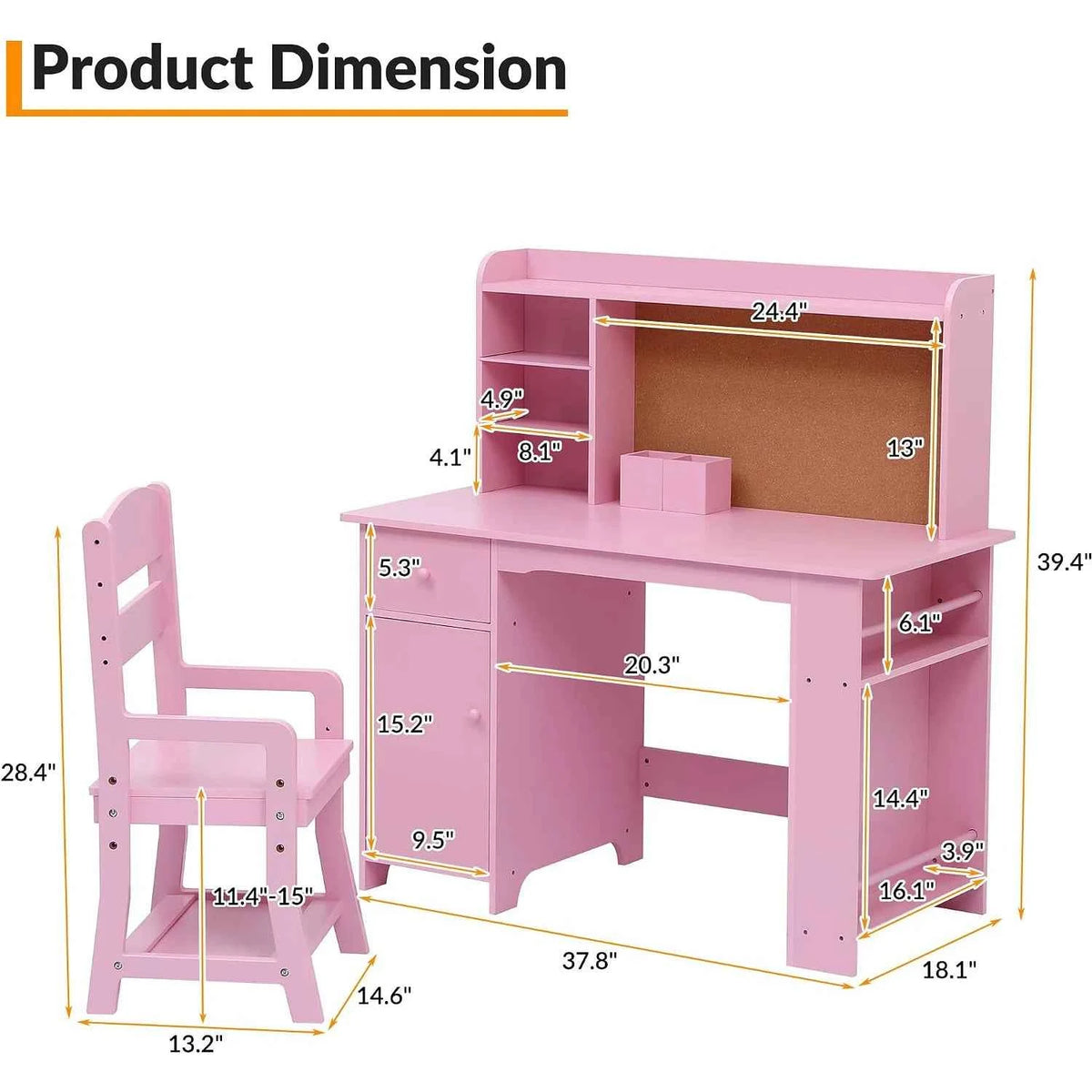 Kids Desk and Chair Set, Wooden Study Table with Bookshelf, Bulletin Board, Storage Shelf, Cabinet & Drawer,  Desk for Ages 3-8, Pink