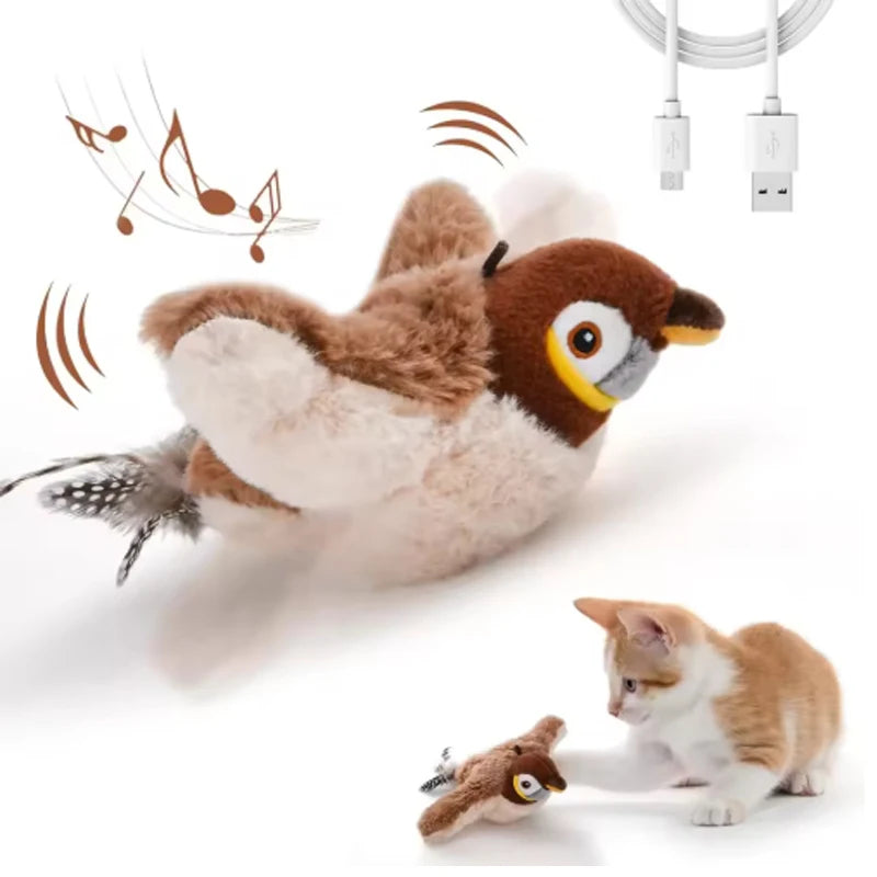 Simulated Bird Cat Toy that is Interactive. Rechargeable Chirping & Flapping Bird(no Flying) Touch Activated Plush Toy Pet