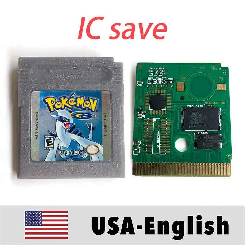 USA IC Save cart Pokemon Crystal, Red, Blue green,Yellow, Gold, Silver, Game Cartridge for GBC
