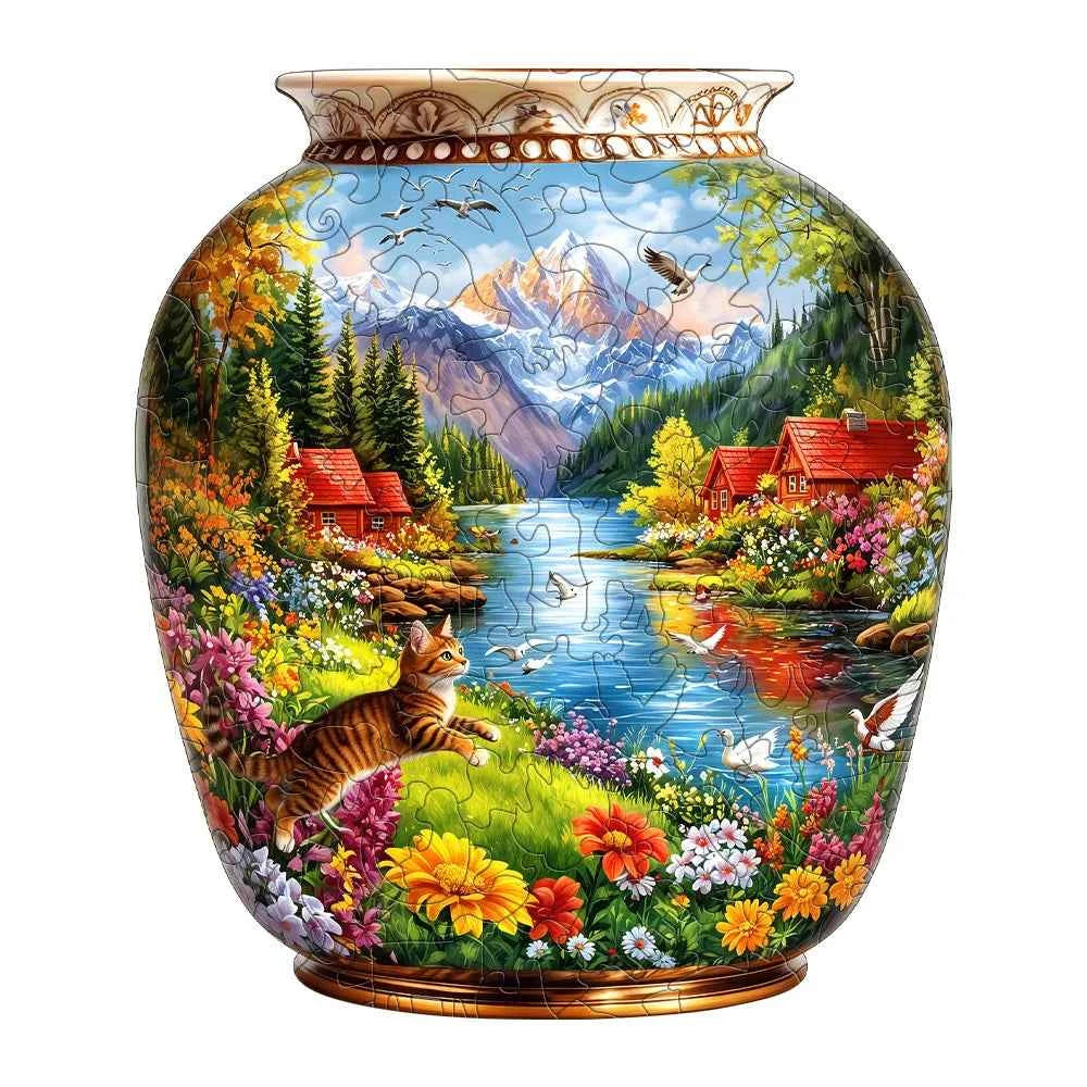 Vase Shaped Mountain Lake, Cat, Floral Wooden Jigsaw Puzzle, Country Cabin Riverside Scenery Irregular Basswood Puzzle,