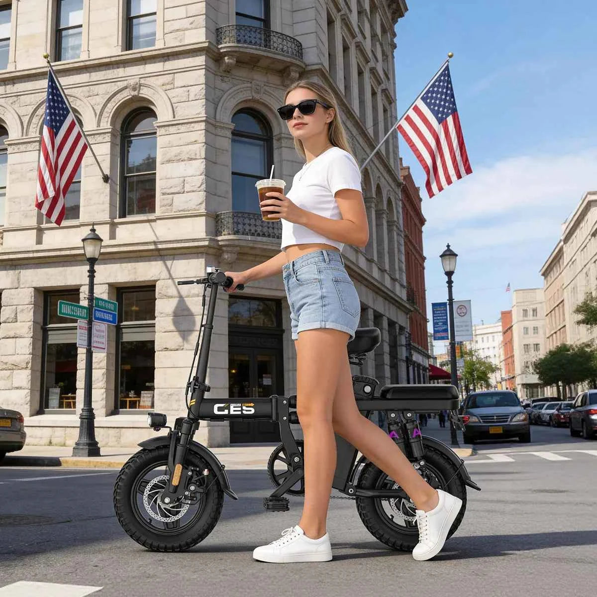 UPlee GE5 Electric Bike with 48V, 15AH Battery, 30+MPH, 250W, Folding Electric Bike,  30 Miles Max Range Electric Bike for Adults. 14" Fat Tire