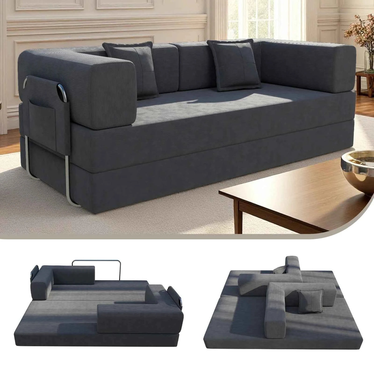 78.7" Convertible Sleeper Sofa Bed, Modular Corduroy Foldable Futon Loveseat, Compression in Box with Fixed Frame, Removable Armrests & Backrest, No Tool Assembly.