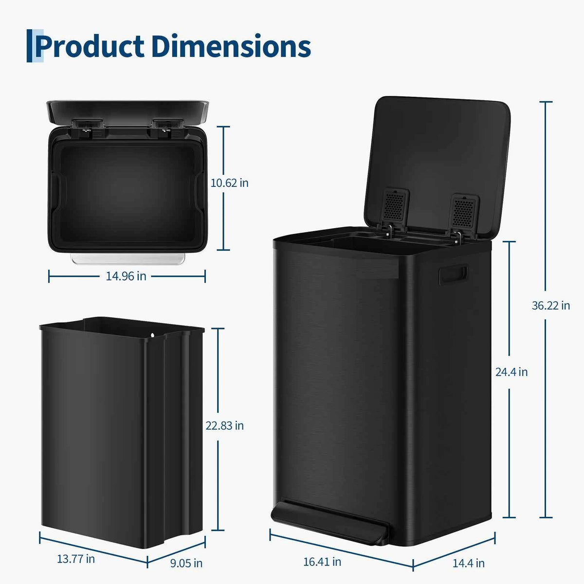 13 gal Stainless Steel Kitchen Trash Can with Soft Close Lid, 50 L Metal Garbage Can with Removable Inner Bucket, Hands Free Recycle Waste Bin