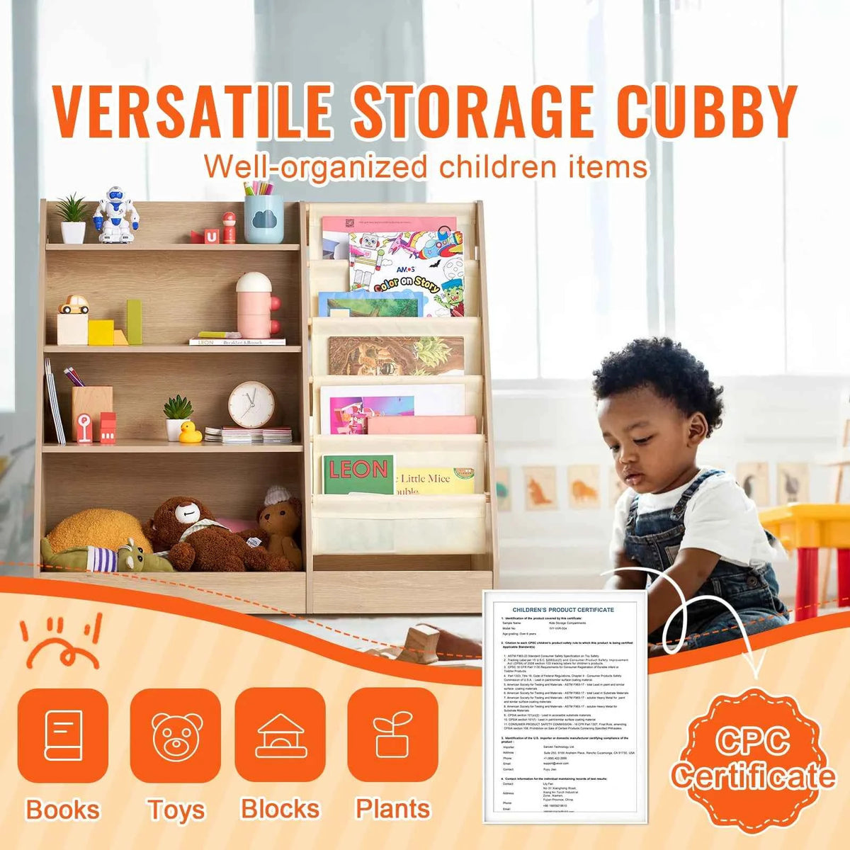 VEVOR 4-Tier Kids Wooden Bookshelf with Six-Layer Sling Bookcase.