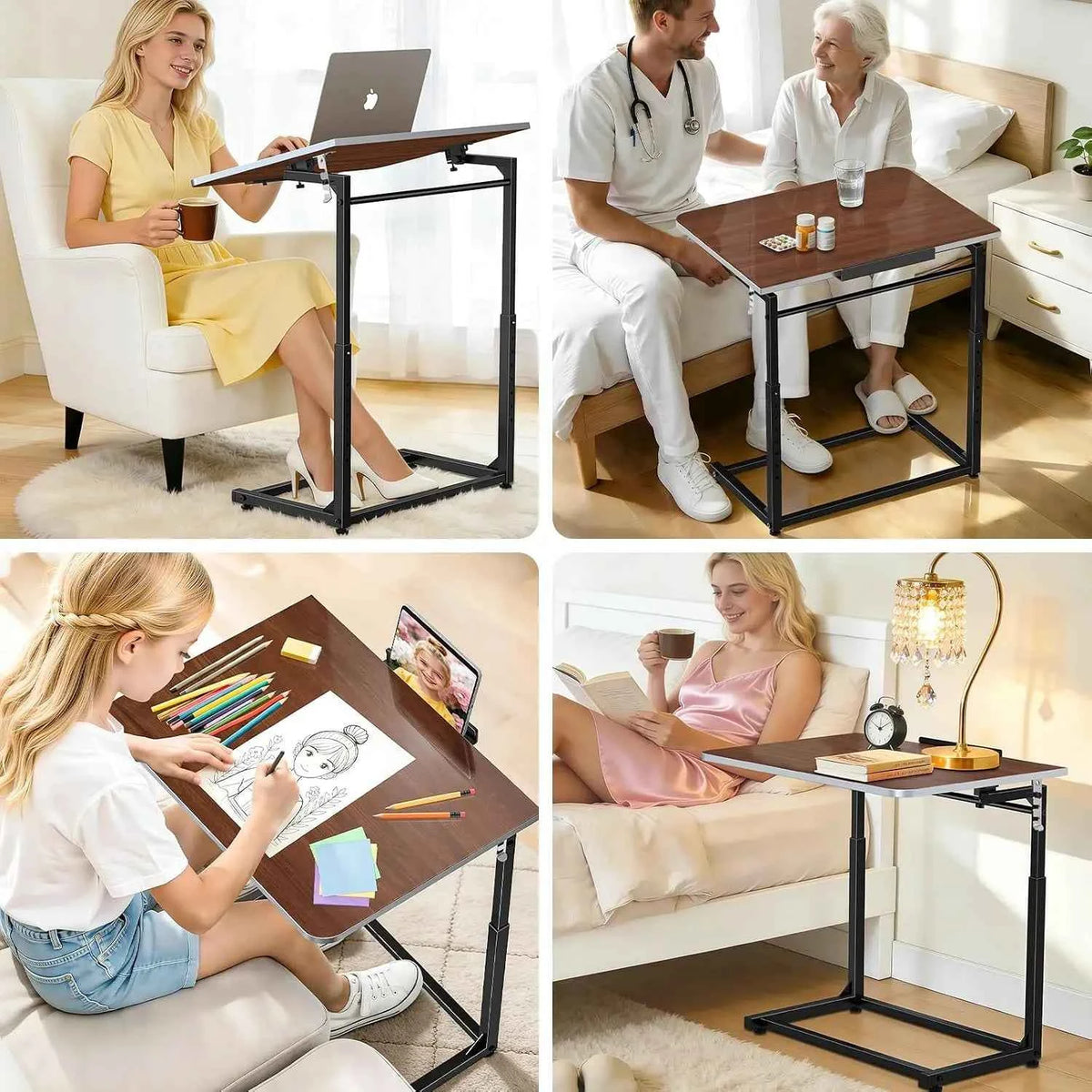 Extra Large Heavy Duty TV Tray Table, 23.6" Folding C-Shaped. Laptop Desk.  Height & Tilt Adjustable. End Table with Phone/Tablet Slot, Easy Clean. Walnut Finish