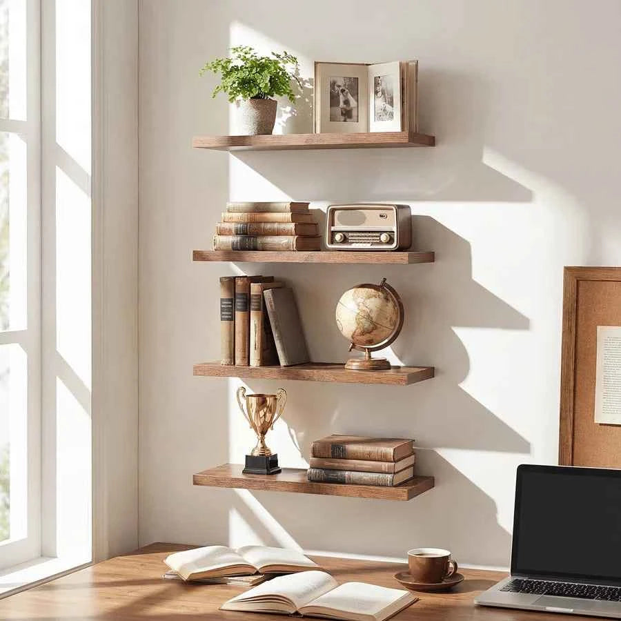 Rustic Brown Farmhouse Floating Wall Mounted Shelves. 4 Pack 15.8 Inch  Shelves. Set With Invisible Brackets for Heavy Duty Storage.