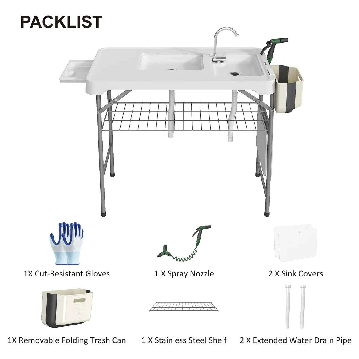 Folding Table with Sink, Portable Outdoor  with Faucet, Sprayer, Grid Rack & Storage Box. For Fishing, Picnic, Beach & Patio