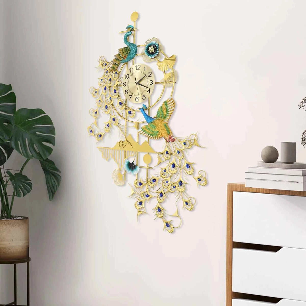 Large 80x120cm Peacock Wall Clock. Silent Quartz. Decorative Gold & Blue Rhinestone Resin Iron. Modern Art