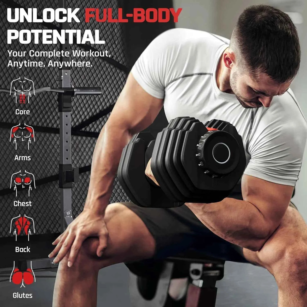 Adjustable Dumbbell Set 52.5 LBS. Fast Adjust Dumbbell Weight Set with Anti Slip Handle and Tray