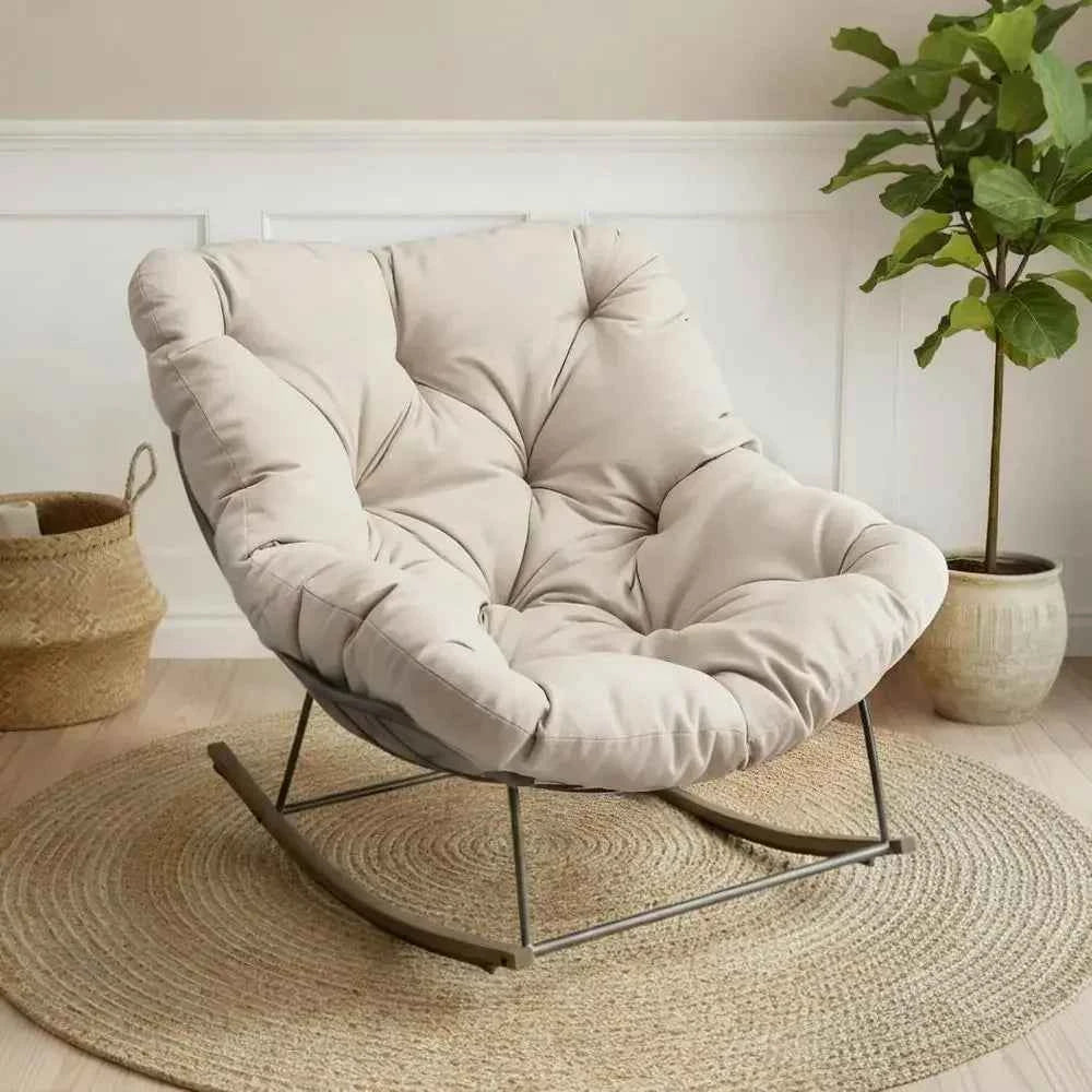Oversized Outdoor Rocking Chair with Cushion, Egg-shaped Papasan for Patio, Garden, Beige