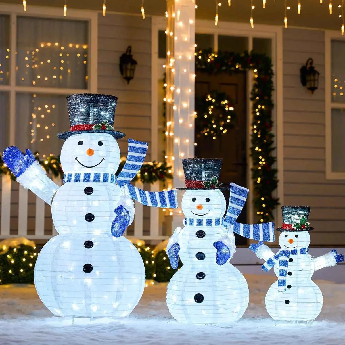 JOYFY 3 Pc 3D Christmas Collapsible Snowman Yard Light. 270 PreLit LED Cool White Light for Christmas, Indoor or Outdoor Garden Décor