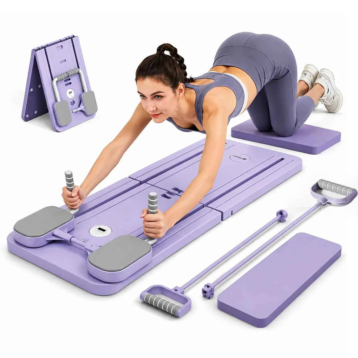 UMAY Multifunctional Pilates Board with Count Timer, Foldable Abdominal Trainer with Yoga Mat, Resistance Tubes.