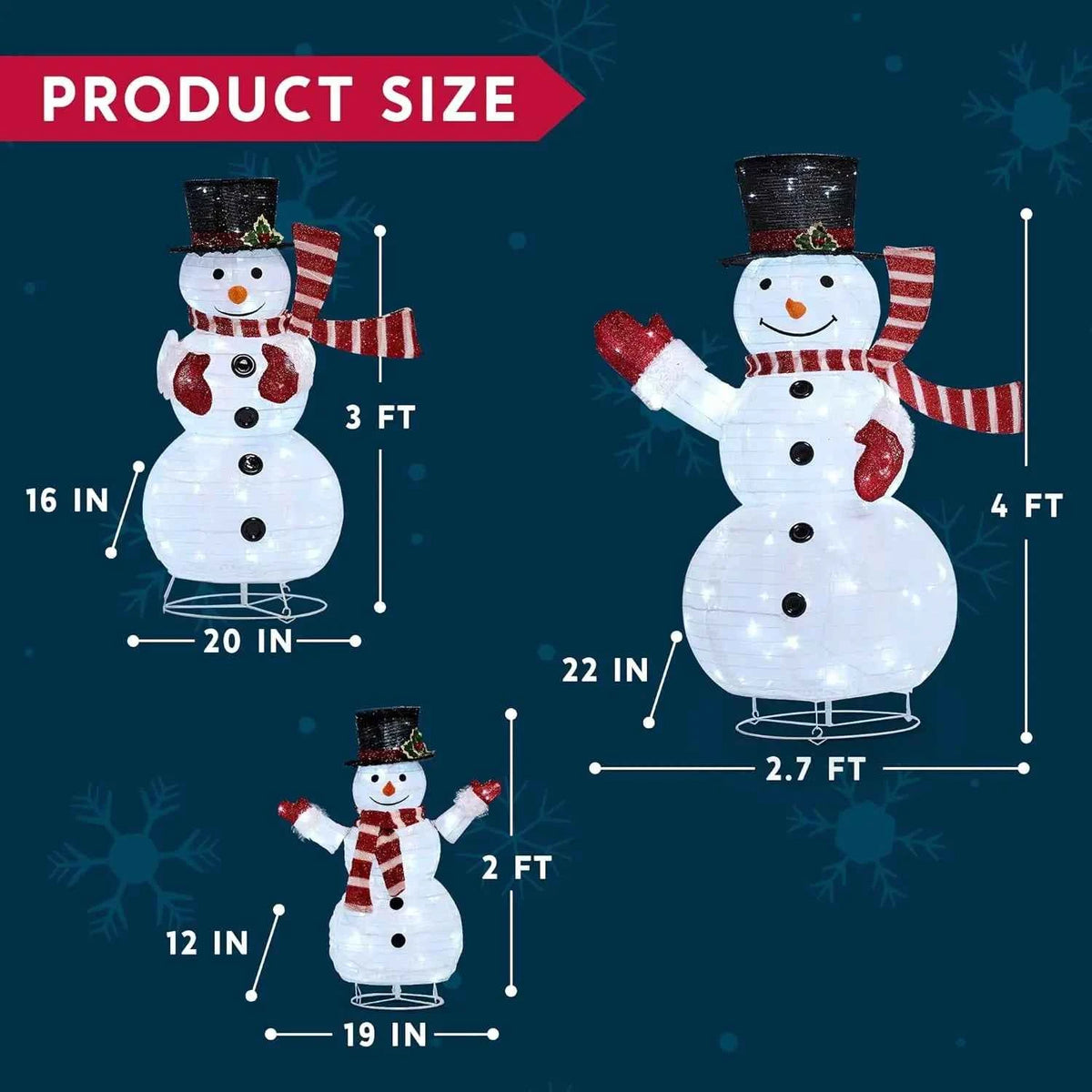 JOYFY 3 Pc 3D Christmas Collapsible Snowman Yard Light. 270 PreLit LED Cool White Light for Christmas, Indoor or Outdoor Garden Décor
