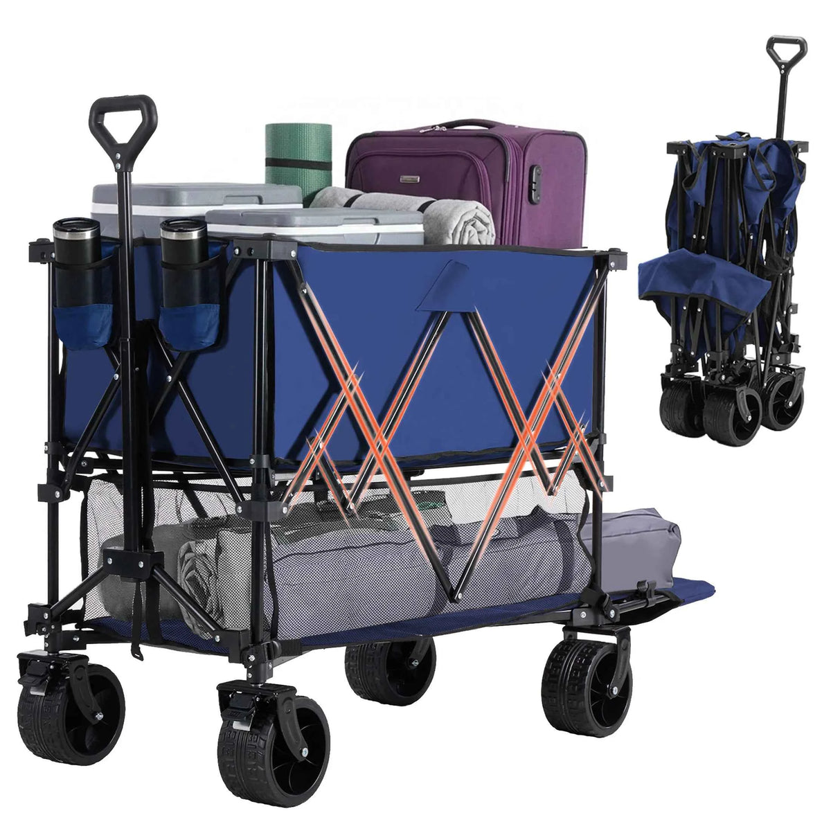 MCQ 51 Inch Folding Outdoor Double Layer Picnic Table with Collapsible Wagon with Wheels. 440lbs. Foldable Table, Grocery Cart on Wheels for Camping, Picnic, Outdoor. Indoor. Easy to Fold and Store