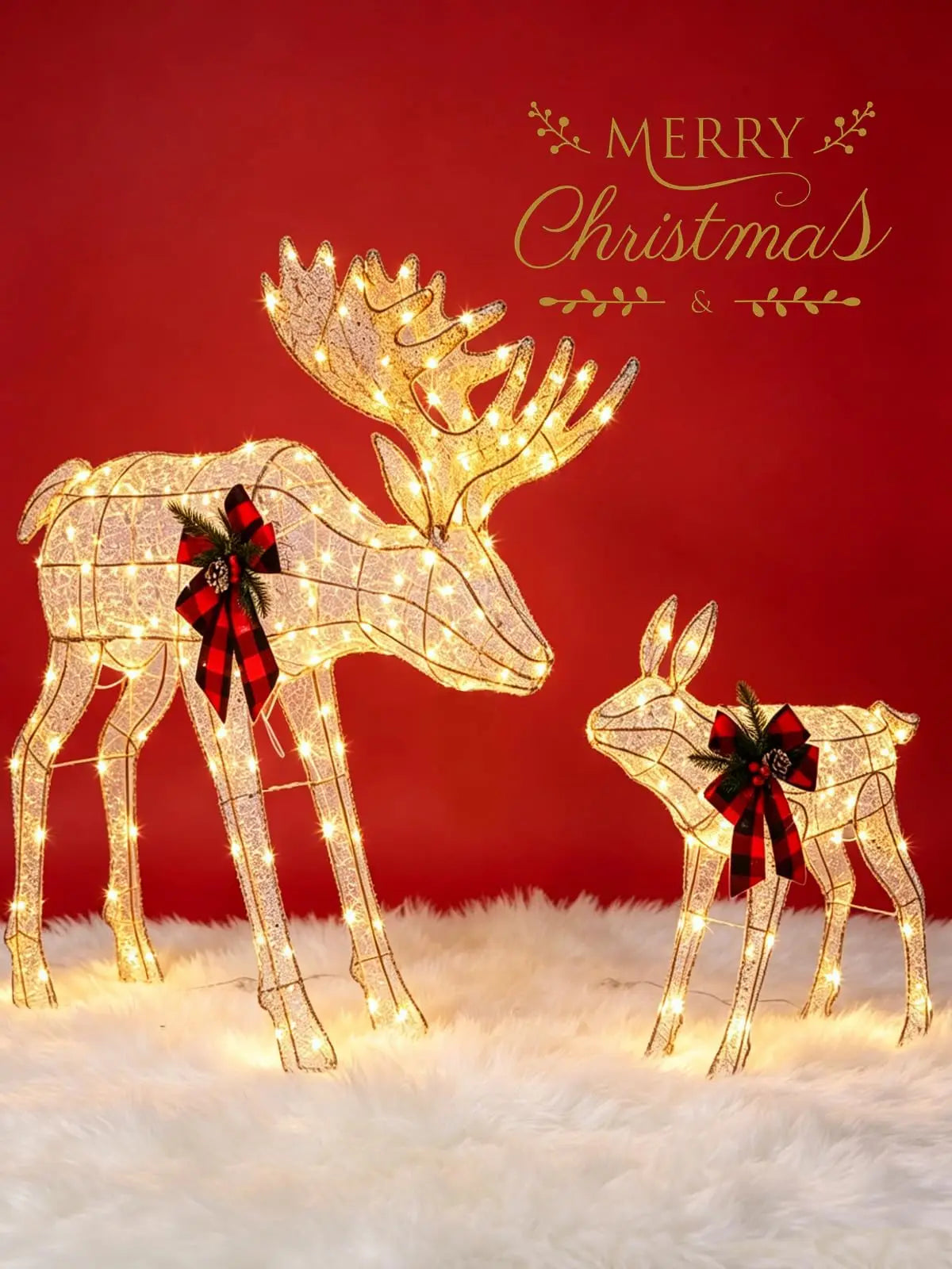 2 Piece Lighted Christmas Reindeer Family. Outdoor Yard Decoration with 240 LED Lights. Gold Glowing Reindeer Lawn Ornament.