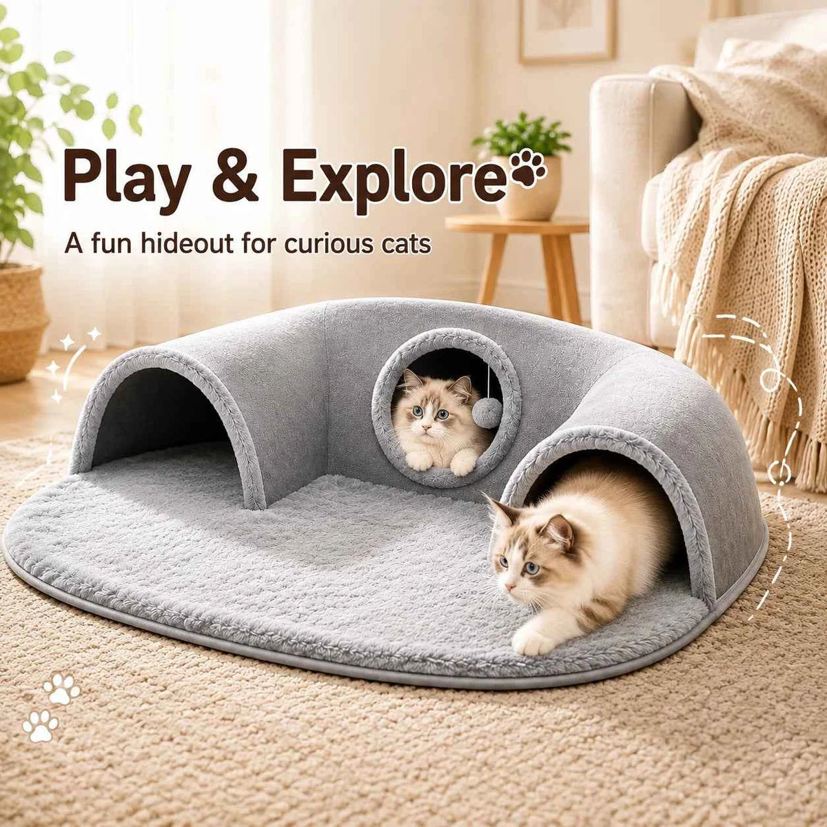 Multifunctional U-shaped Cat Tunnel Bed—A Detachable, Washable Plush material; .