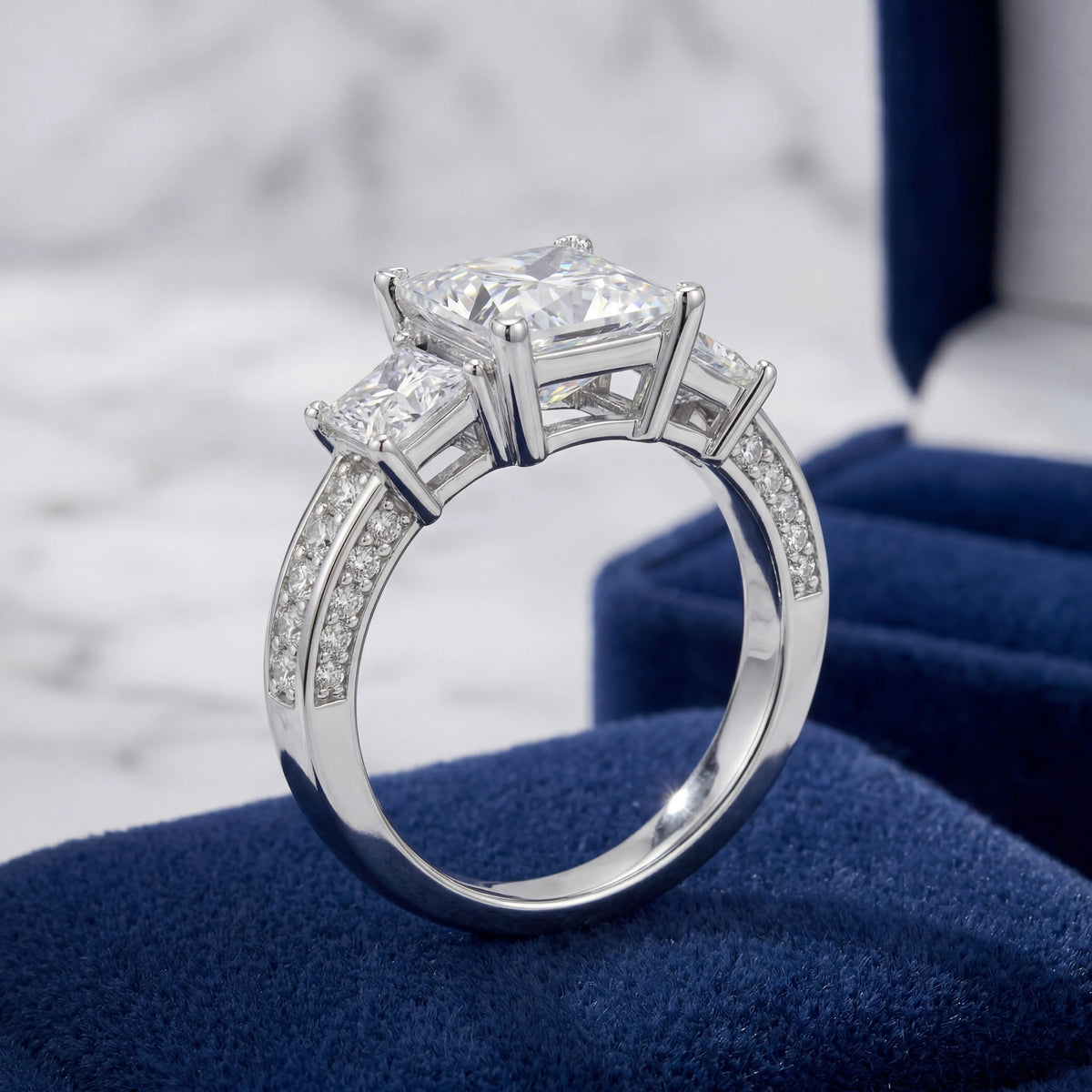 Princess Cut Three Stone Moissanite Ring, S925 Silver, D Color VVS1, 3ct, Hip Hop, Passes Diamond Tester