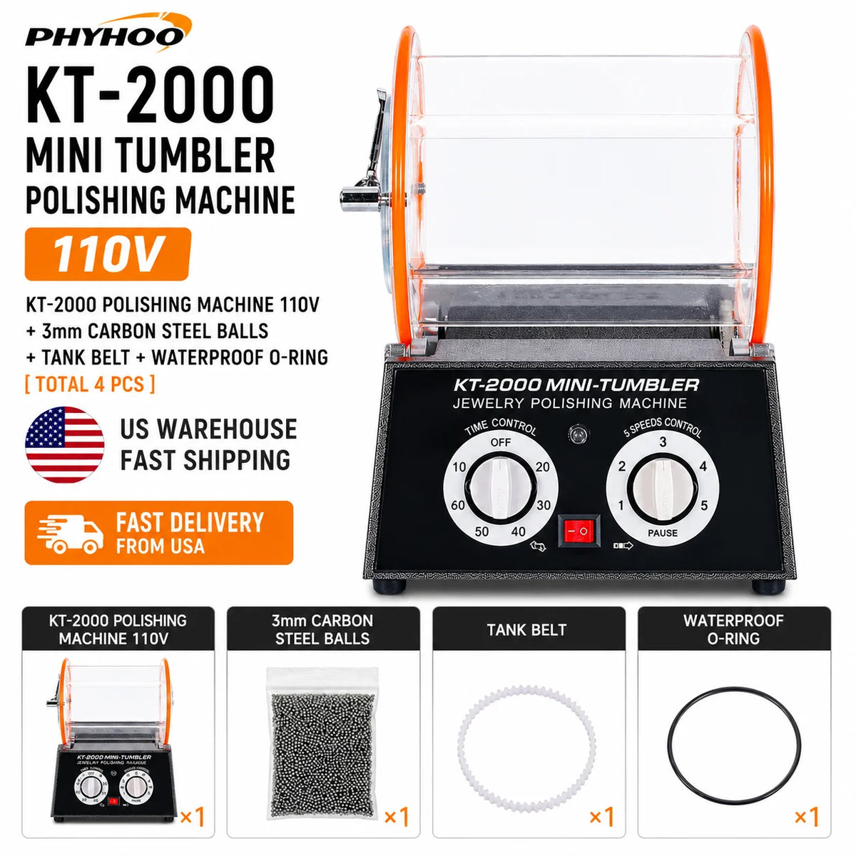 PHYHOO 5KG Jewelry Tumbler Polisher, 110V 5 Speed Rotary Tumbler, 60Min Timer. Jewelry Polishing Machine. US Warehouse Fast Shipping
