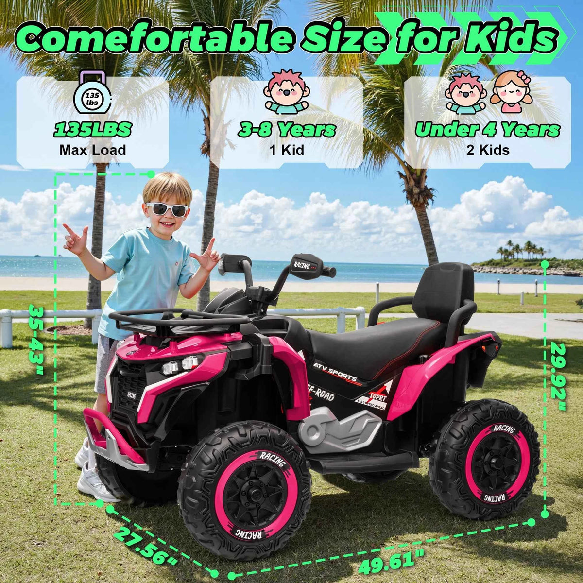 24V Ride on Car, Kids ATV XL Four Wheeler W/EVA Tires, 19-Inch Leather 2 Seater, 800W Motors, Remote Control, Knee Pads, Flower, 24 Volt Ride on Toys Quad for Big Kids