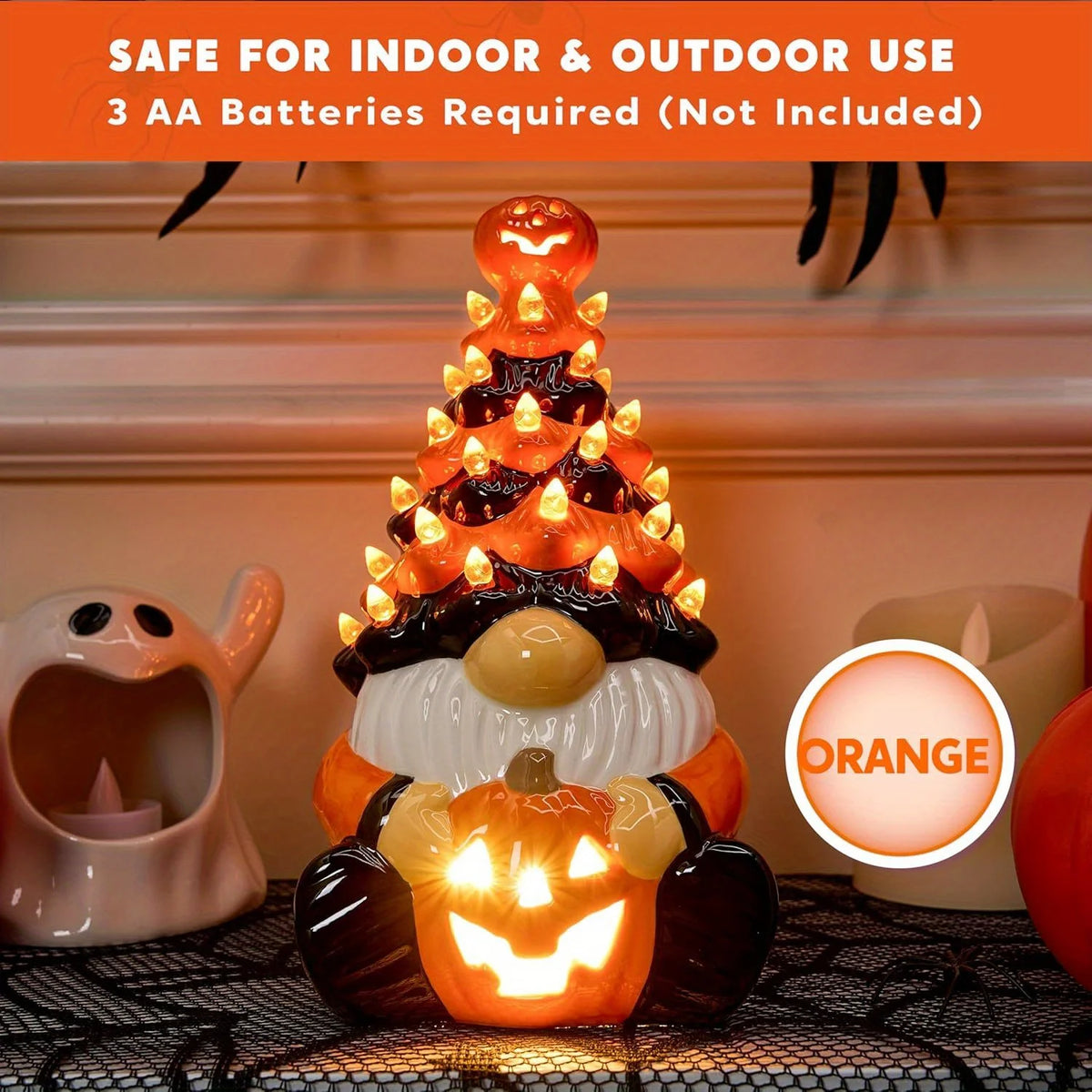 8.5 inch Tall Halloween Pumpkin Gnome Decoration, Ceramic Tree with Build-in LEDs. Tabletop Decor for Halloween, Indoor Party, Battery Operated,