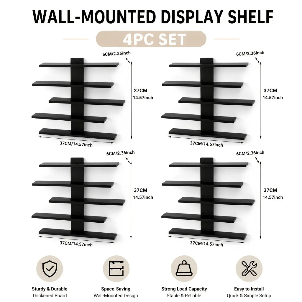 4-Piece Set of Collectible Floating Wall Racks, Multi-Tiered Wall Shelving Units, Versatile Display Stands, Suitable for Office and Home Decor, Ideal for Storing Statues and Small Figurines, Decorative Shelves, Functional Sto