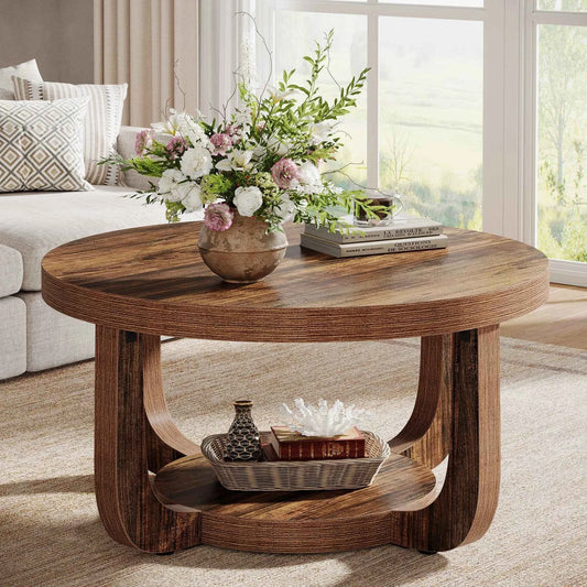 Tribesigns Round Coffee Table, 2-Tier Circle Coffee Table with Storage, Modern Wooden Accent Center Table for Living Room