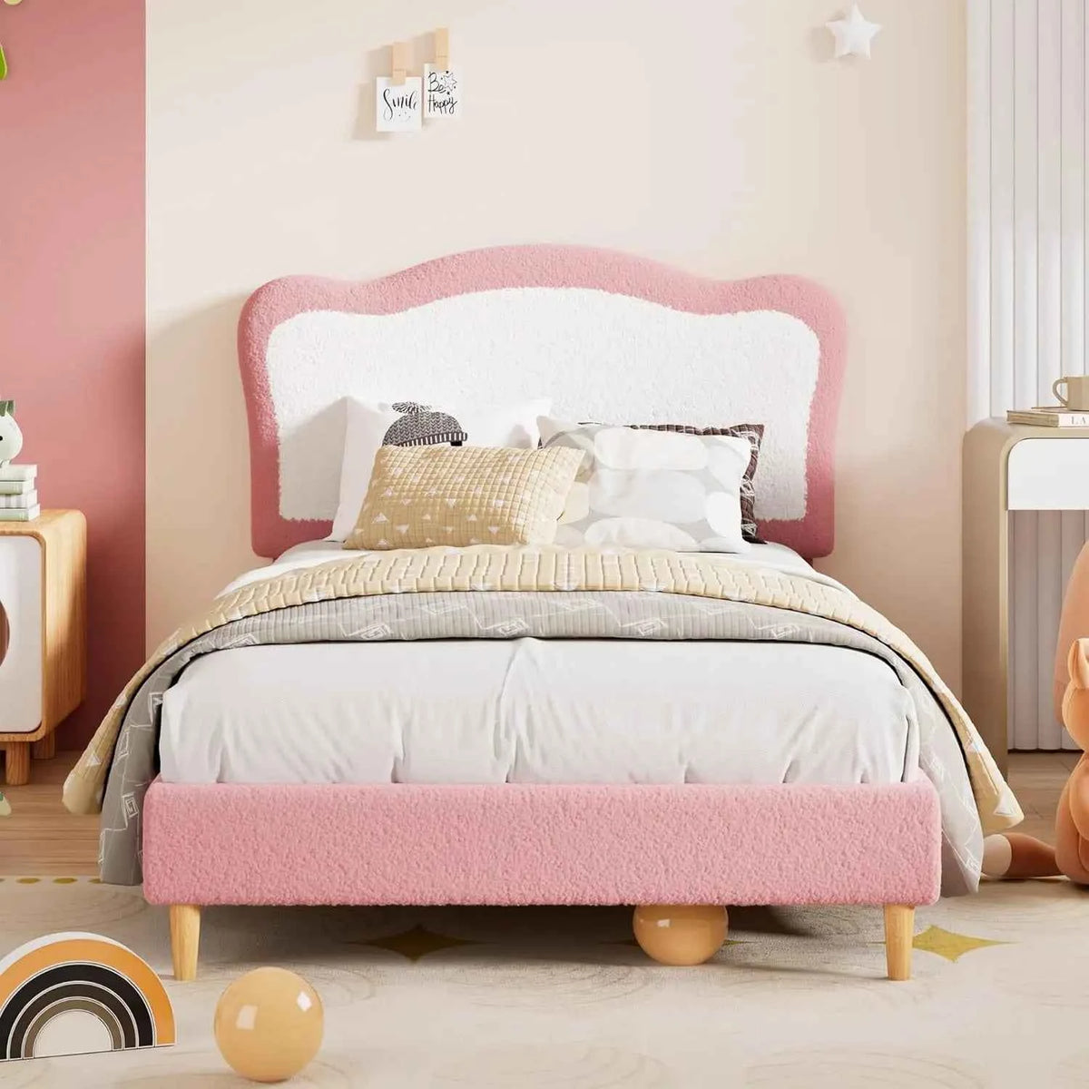 Kids Upholstered Twin Bed Frame with Scallop Headboard, Cute Velvet Twin Bed with Sturdy Platform. No Box Spring Needed, Wooden Slats, Noise Free, Pink & White