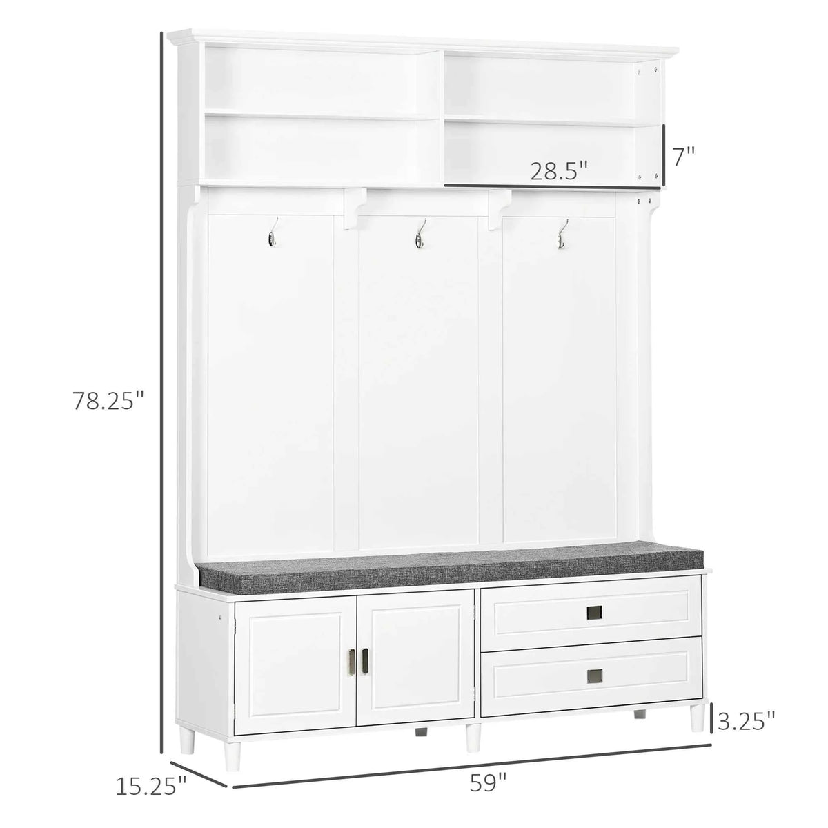 Storage Shelves, and Drawers with Coat Tree for Entryway, Hallway,  Mudroom, White