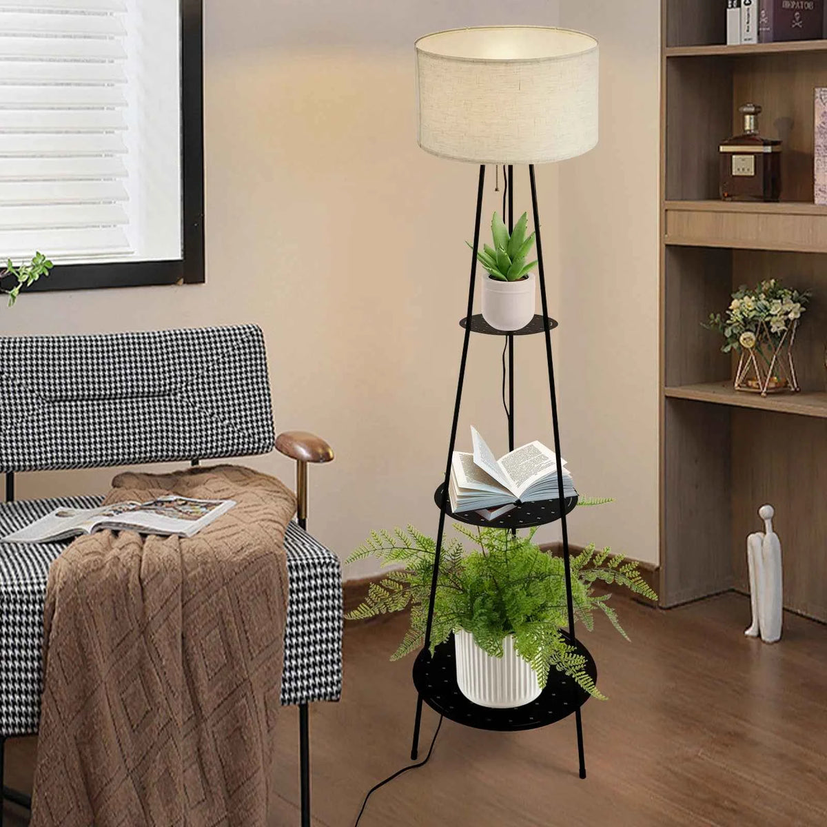 Floor Lamp with 3-Tier Storage Shelves with 3-Color Dimmable E26 Bulb, 120° Wide Illumination 11 lbs per Shelf , Black/Beige