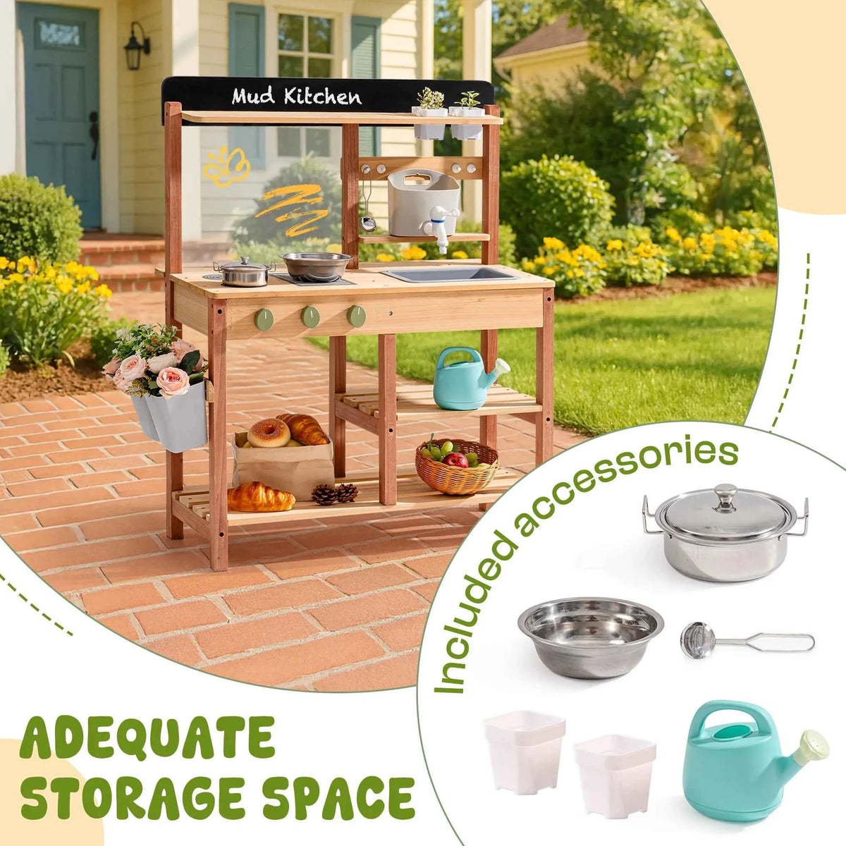 Robud Montessori Mud Kitchen. Wooden Outdoor Play Kitchen with Sink & Storage. Develops Fine Motor Skills. Ideal Gift for Kids Age 3+