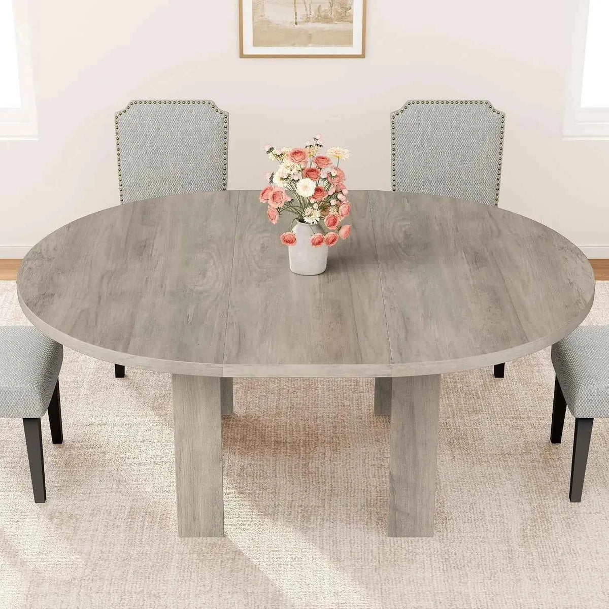47-63 Inch Extendable Round To Oval Dining Table For 4-6, Farmhouse Kitchen Table With Hidden Leaf Storage And Sturdy Wood Legs