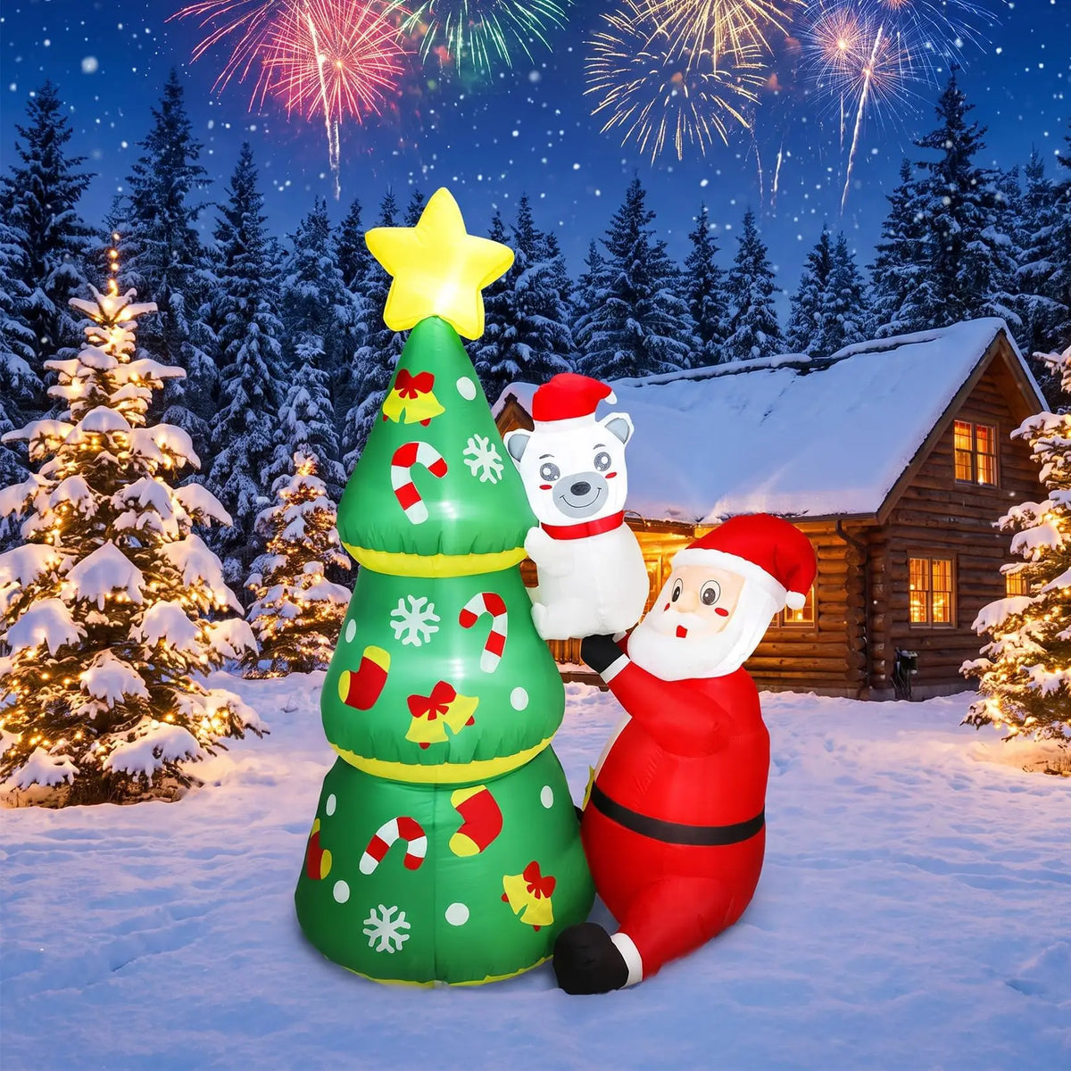 7ft Christmas Inflatable Santa & Polar Bear With Tree, Lighted Blow Up Yard Decor With Leds, Blower and Stakes. For Home Lawn, Garden, or Porch