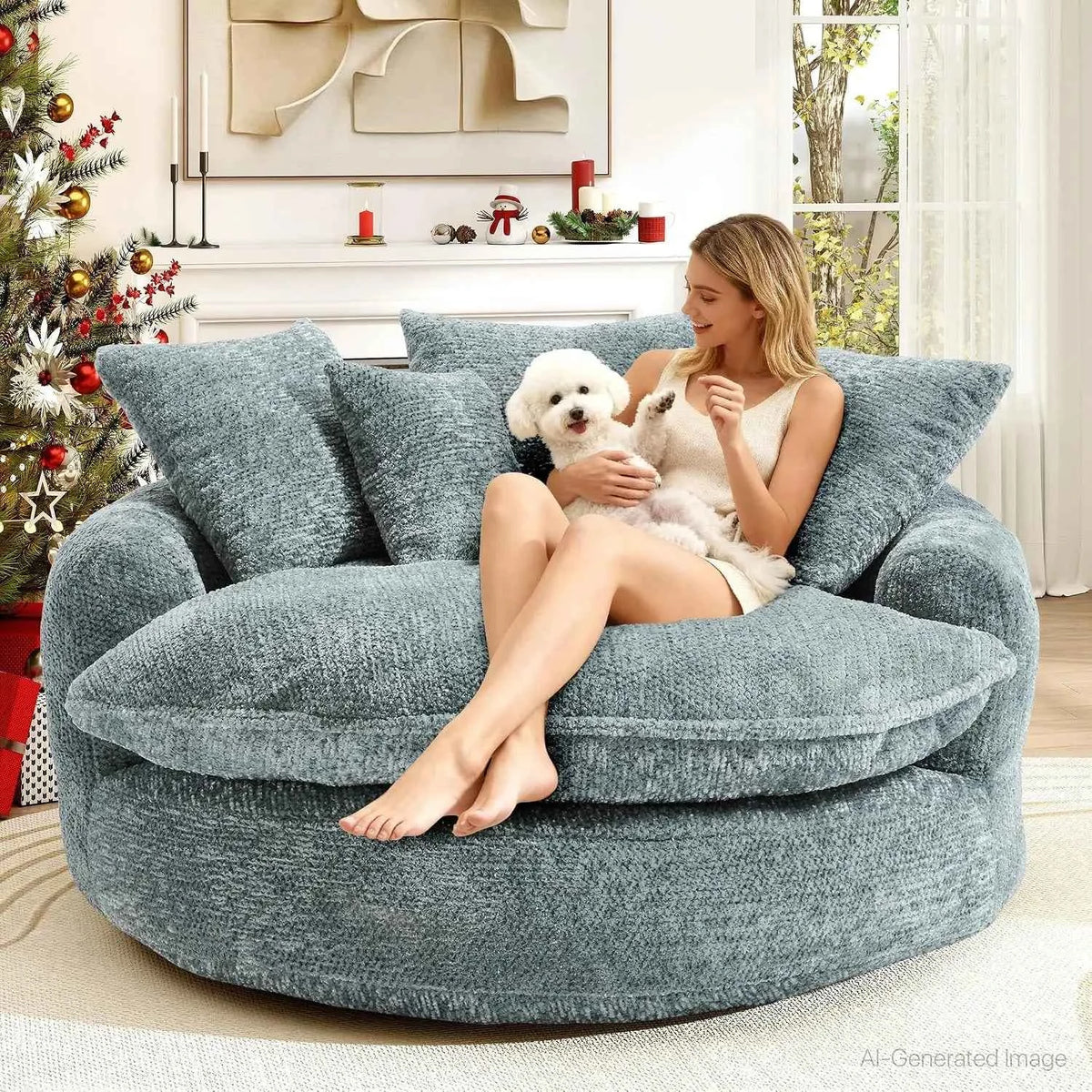 54.3" Round Chaise Lounge Chair, Modern Upholstered Boneless Couch with 5 Throw Pillows and Deep Seat