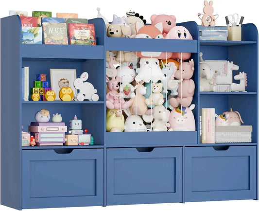 61" W Toy Organizer with Stuffed Animal Storage ＆ 3 Tier Bookshelf